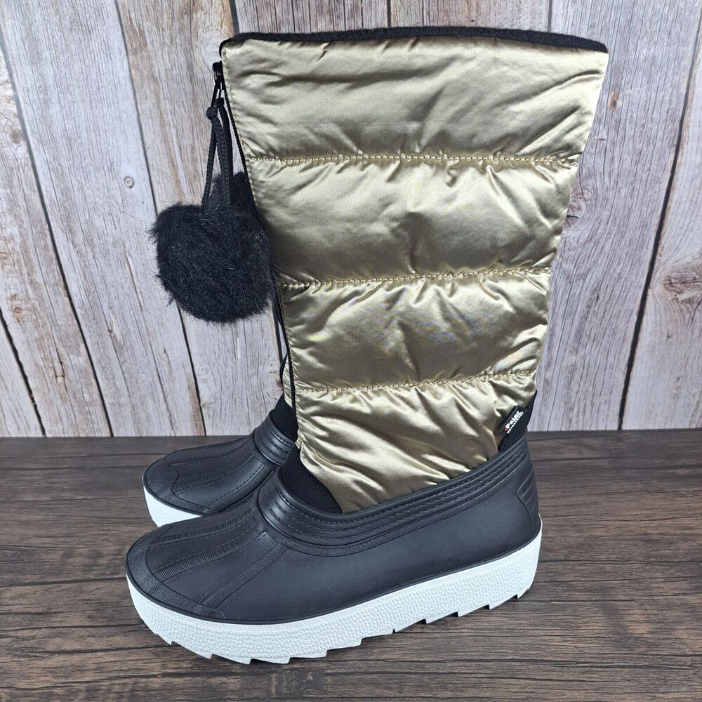 Pajar Women's Fay Black & Gold Winter Rain Boots with Pom Detail